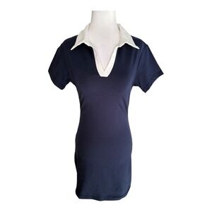 Edikted Women's Mini Dress Short Sleeve Bodycon White Collar‎ Navy Blue Medium